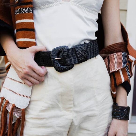 Stretchable Boho Raffia Belt Black - Picture 2 of 3